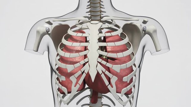 human skeleton with red highlighted intercostal muscles