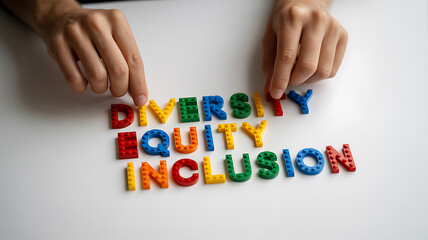 Naklejka premium Hands arranging colorful blocks spelling diversity equity inclusion emphasizing speed, motion, and dynamic energy