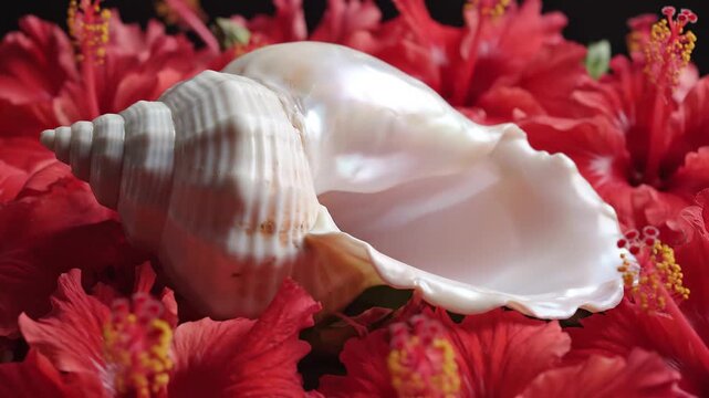 Elegant white conch shell nested within a carpet of blooming red hibiscus flowers on black