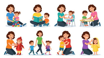 Fototapeta premium Happy mothers engage in diverse nurturing daily activities with their young children through playing reading feeding walking and also hugging