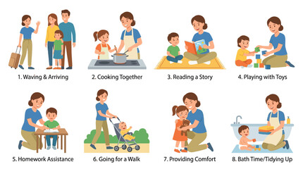 Fototapeta premium Colorful illustrations depict a loving mother engaging in various daily activities, caring for her children, and fostering family bonds.