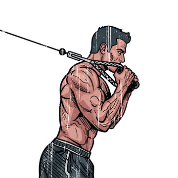 Man performing triceps pushdown exercise with cable machine