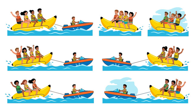Happy diverse groups of people enjoy an exciting banana boat ride, pulled by a speedboat on a sunny day.