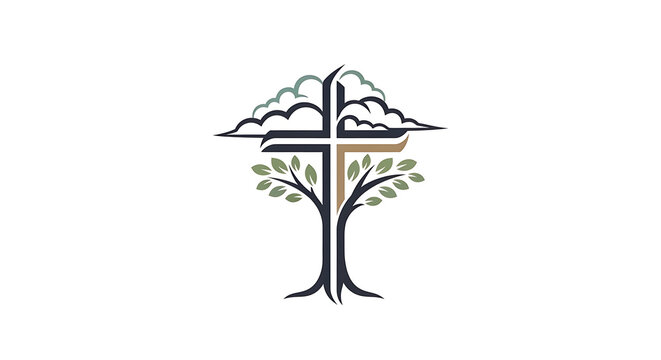 Religious logo featuring a crucifix tree under soft clouds