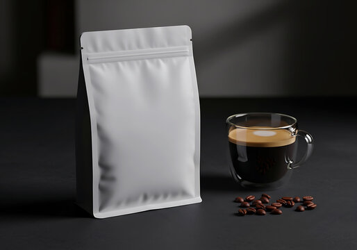 Coffee pouch packaging mockup with cup beans realistic branding