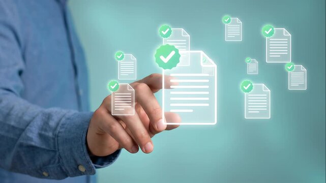 Businessman manages tasks confirms completion approves processes using digital interface on documents with check marks for successful workflow and task management in business setting
