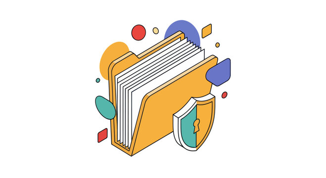 Secure Document Folder Icon with Shield and Abstract Shapes.