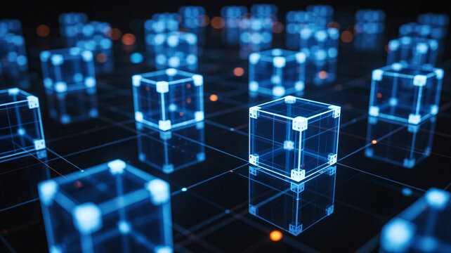 Abstract blue glowing cubes and grid, representing blockchain technology and digital network connectivity