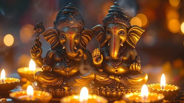 Two ornate elephant-headed deity statues illuminated by traditional oil lamps in a festive setting.
