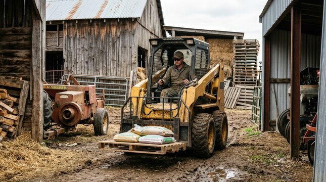 Medium shot of a skidsteer loader with pallet forks carefully navigating a narrow farmyard highlighting precision handling in tight agricultural spaces.