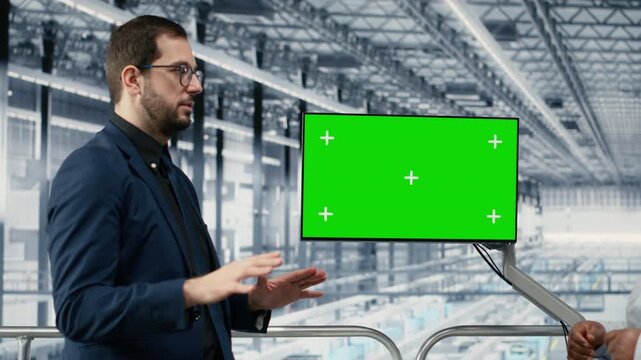 Isolated screen display used by coworkers in microchips plant to monitor fabrication yield data. Chroma key monitor used by businesspeople visualizing semiconductors factory bottlenecks, camera B