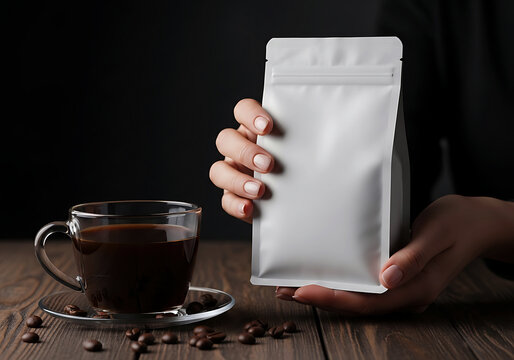 Coffee pouch mockup in hand with beans cup clean branding template
