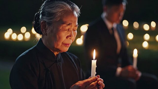 Elderly Asian woman with eyes closed holding a lit candle, mourning or praying with soft bokeh lights in the background at night, solemn atmosphere
