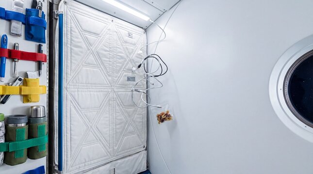 Interior of a futuristic space station sleeping cabin with window view