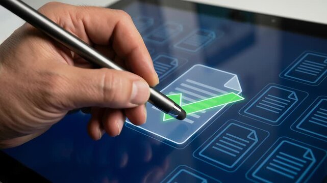 Businessman manage tasks on digital tablet with green checkmark icon confirming document approval and task management for precise business process completion