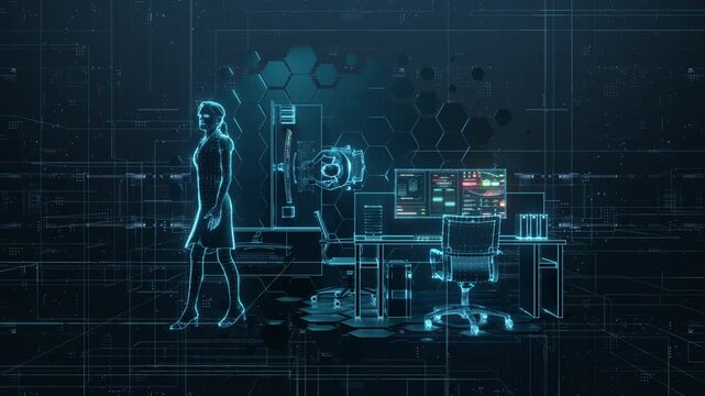 3D character big data AI, wireframe figures work and move in a futuristic office, with glowing digital grids, hexagonal patterns, and multi-screen workstations, showcasing a high-tech workspace.