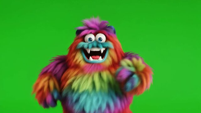 A colorful monster with big eyes and sharp teeth appears on green screen