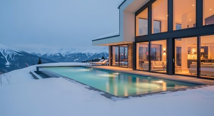 Fototapeta premium Luxury mountain retreat modern home with infinity pool in snowy landscape