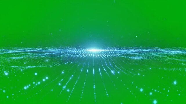 Glowing blue light bursts through green screen with radiant beams and particles.