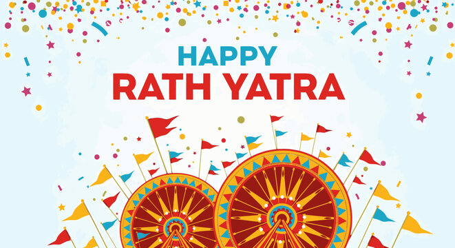 Colorful Rath Yatra celebration banner with chariot wheels and confetti