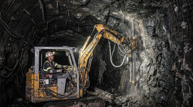 Medium shot of a singleboom underground roof bolter machine drilling into a mine roof showcasing precise drilling and bolting operations in tight mining tunnels.