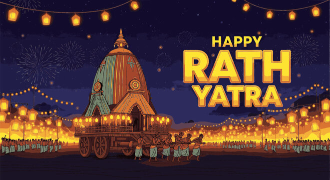 Decorative illustration of chariot festival with fireworks and lanterns