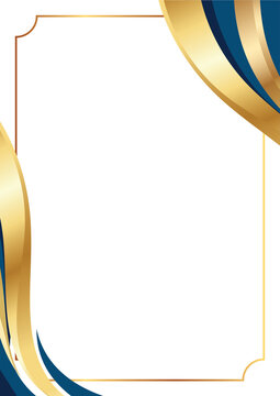 Elegant gold and blue ribbons frame a white background with a thin gold border