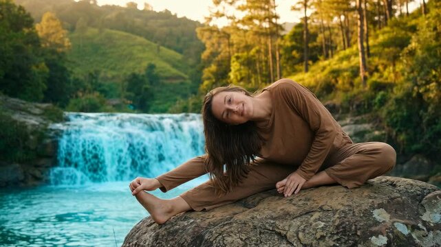 Young woman practicing yoga atop rock at sunset background, serene wellness scene, stretching pose, 4K video