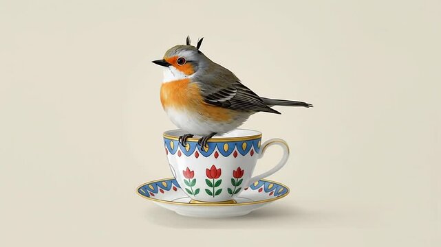 Whimsical bird with orange chest perching on a patterned teacup and saucer on a light background