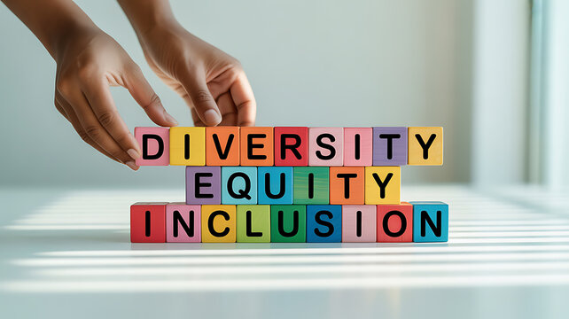 Hands arranging colorful blocks spelling diversity equity inclusion symbolizing ecological sustainability and green energy