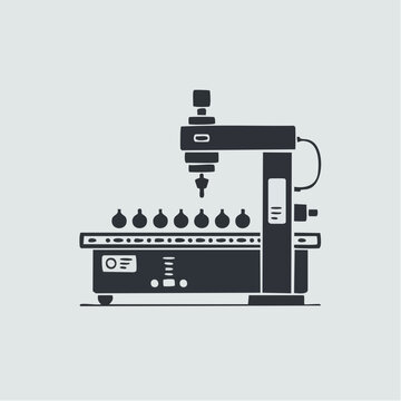 Industrial robotic arm machine illustration with conveyor belt and dri