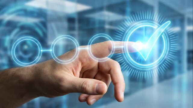 Businessman manage tasks confirm completion approve processes with hand and finger pointing at glowing checkmark symbol showing progress control and success in business setting digital interface