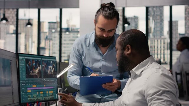 Editors team, refining video content, movie post production, agency studio, software displays motion graphics controls and color grading sliders. Visual effects for filmmaking industry.