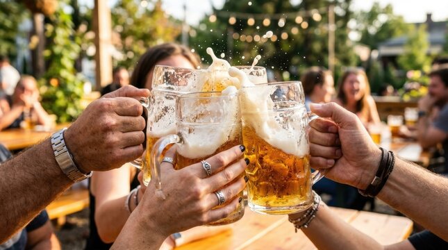 Friends Cheersing Cold Beer Pints Outdoors Summer Celebration Backyard Party Lifestyle Concept