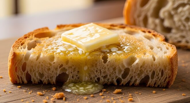 Close-up of Golden Toasted Sourdough Bread with Melting Butter and Dripping Honey on a Wooden Board
