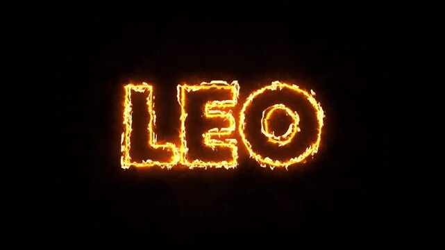 fiery neon leo zodiac sign animation with orange flame style glowing typography on dark background, 4k video
