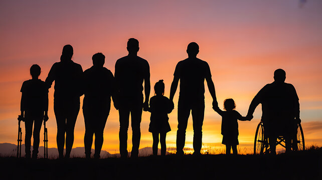 Silhouette of diverse family at sunset ideal for diverse corporate and commercial use