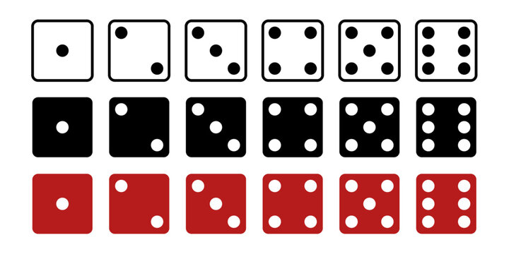 Minimalist dice icon set with 1&ndash;6 faces in outline, solid, and flat styles. Perfect for casino, board game, UI, apps, education, and web design.