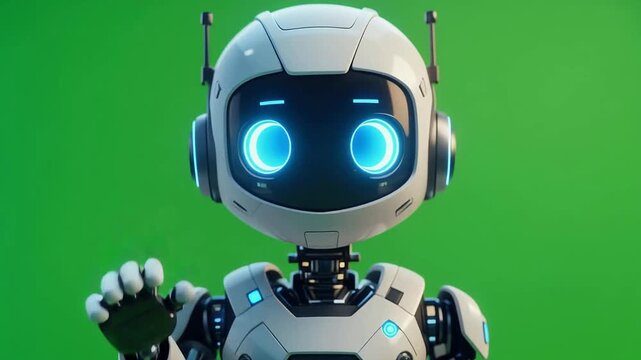 A futuristic robot with glowing blue eyes gestures forward on a green background