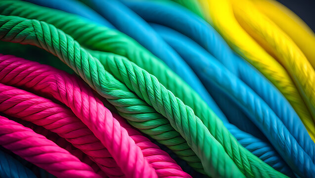 Colorful ropes, multicolored cords, vibrant fibers, twisted threads