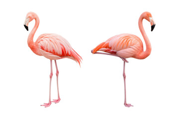 Obraz premium Elegant pair of pink flamingos facing each other, isolated on a clean white background, symbolizing balance, beauty, and tropical wildlife charm.