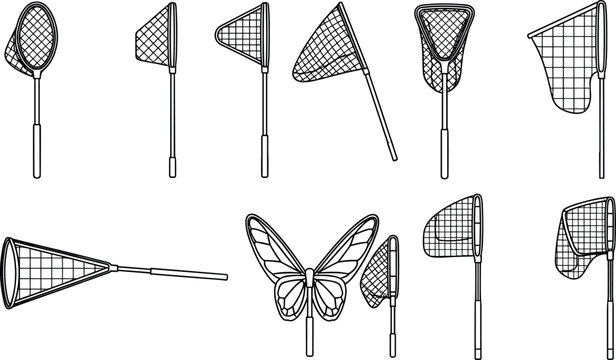 Hand drawn butterfly and fishing nets set with different shapes in clean outline monochrome vector illustration collection