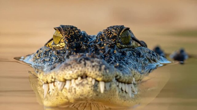 Intense close-up of a crocodile's head emerging from water with sharp teeth