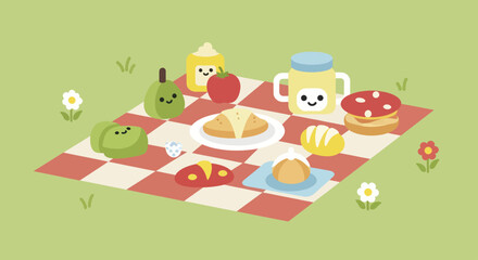 Obraz premium Charming Picnic Spread with Adorable Food and Drink Characters.