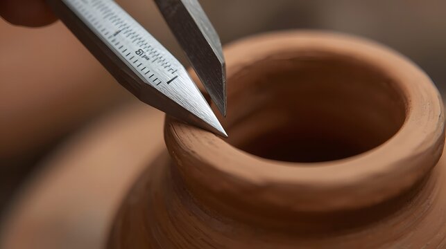 An extreme close-up shot of a metallic caliper tool precisely measuring the diameter of a leather-hard clay cylinder to ensure technical accuracy in the ceramic making process.
