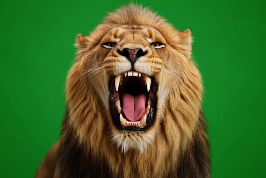 A fierce lion roars loudly in a green studio setting for a video production