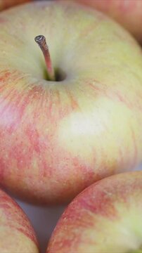 Closeup ripe apples on white surface, tight composition shows blush red and green skins, visible stems, soft natural light, fresh texture, harvest vibe, market display
