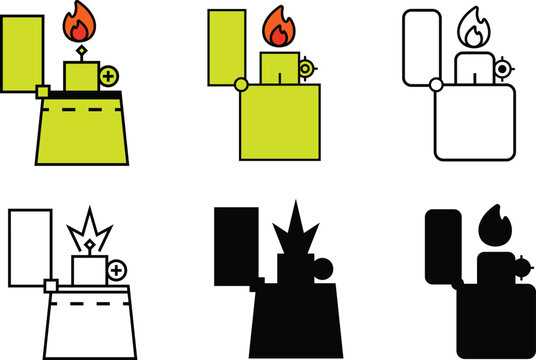  Pocket Flame Lighter Icon Set &mdash; Colorful Outline and Silhouette Fire Igniter Symbols in Yellow and Black