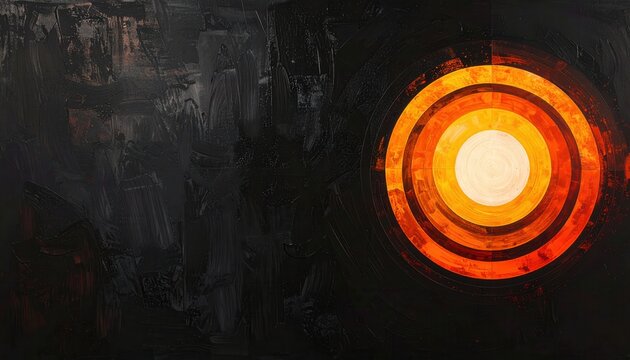 Peinture abstraite avec des cercles concentriques lumineux aux teintes chaudes sur un fond sombre et textur&eacute;, &eacute;voquant l'&eacute;nergie et la modernit&eacute;.
