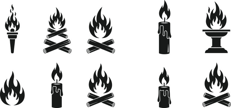 Black fire icons set with torch campfire candle flames and burning symbols in bold silhouette vector style